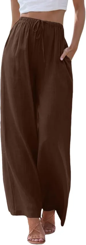 Women's Linen Pants Flowy Summer Palazzo Pant High Waist Wide Leg Beach Trousers with Pockets