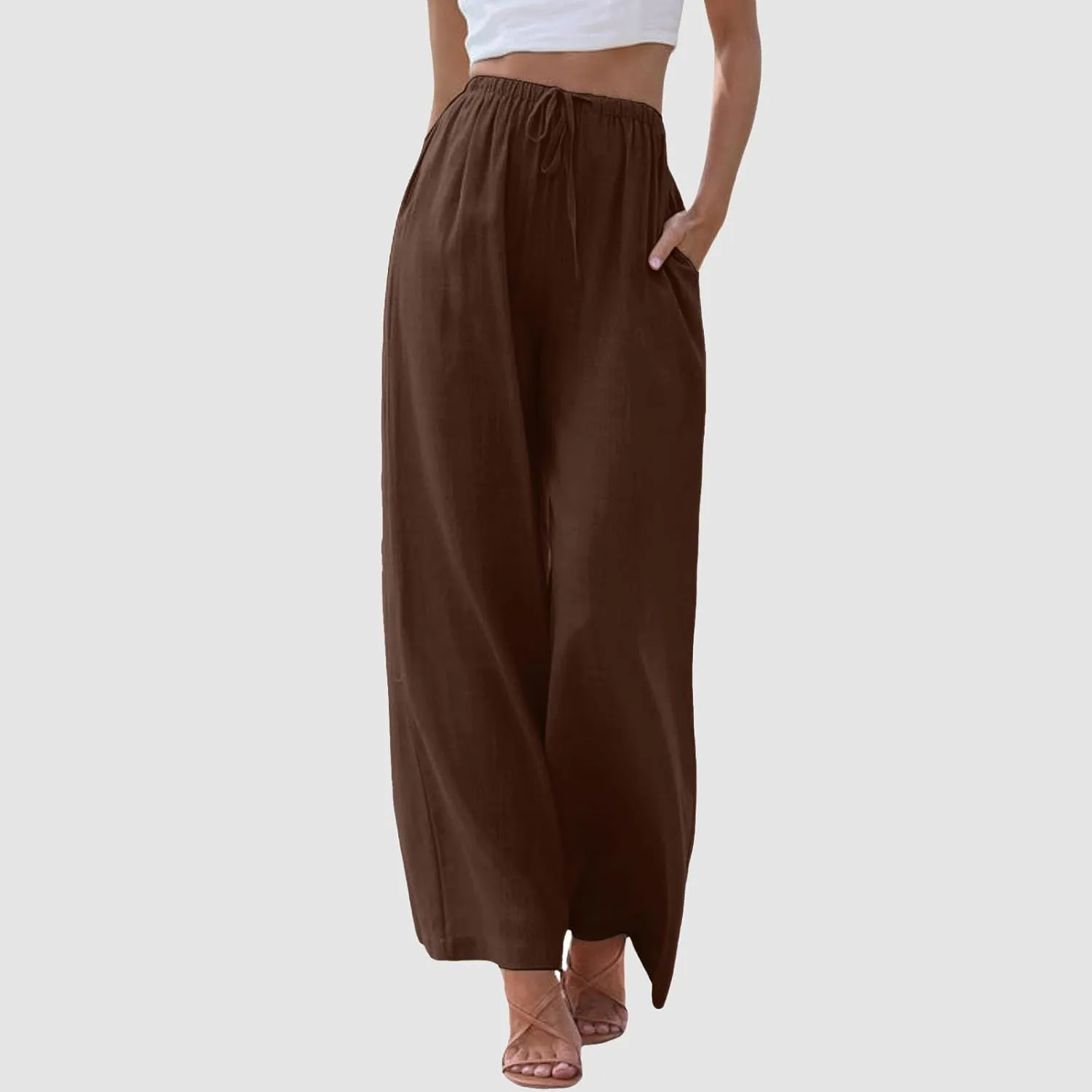 Women's Linen Pants Flowy Summer Palazzo Pant High Waist Wide Leg Beach Trousers with Pockets