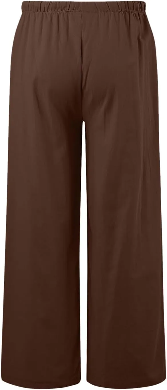 Women's Linen Pants Flowy Summer Palazzo Pant High Waist Wide Leg Beach Trousers with Pockets