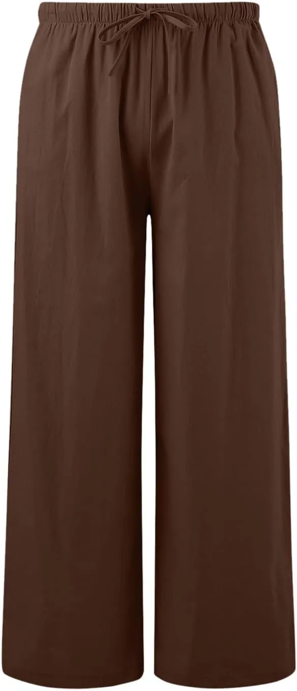 Women's Linen Pants Flowy Summer Palazzo Pant High Waist Wide Leg Beach Trousers with Pockets