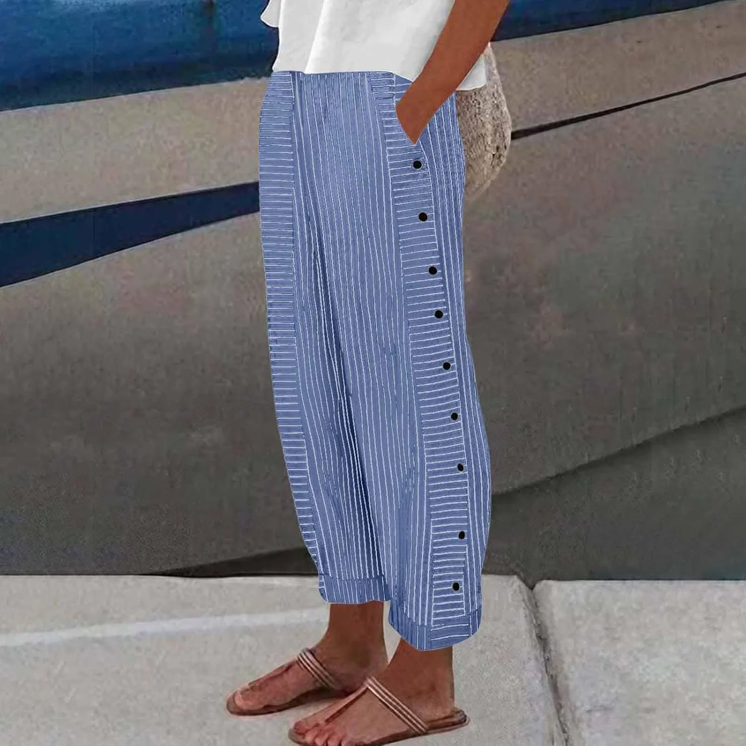 Womens Linen Pants High Waisted Summer Beach Pants Elastic Waist Tapered Pants Casual Trousers with Pocket
