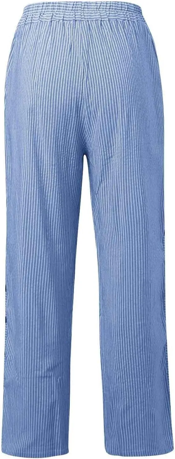 Womens Linen Pants High Waisted Summer Beach Pants Elastic Waist Tapered Pants Casual Trousers with Pocket