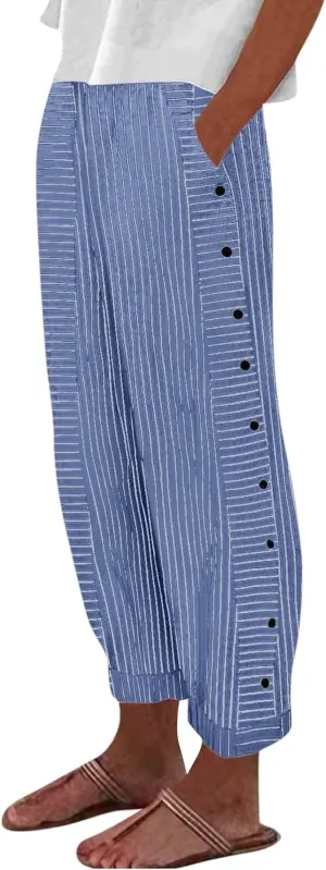 Womens Linen Pants High Waisted Summer Beach Pants Elastic Waist Tapered Pants Casual Trousers with Pocket