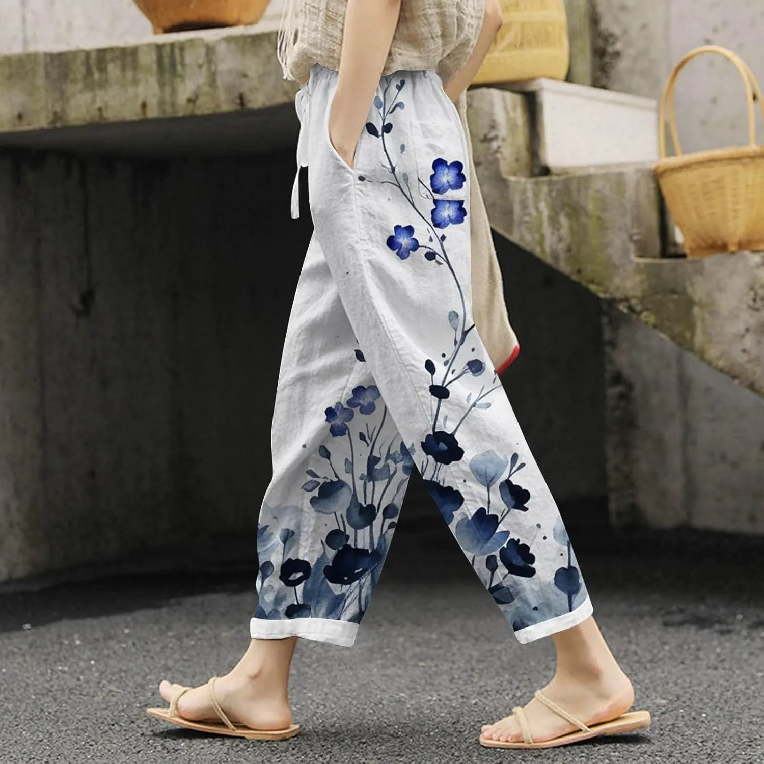 Women's Linen Pants Palazzo Baggy Pants Cotton Boho Casual Gauze Long Pant Wide Leg Lounge Trousers with Pockets