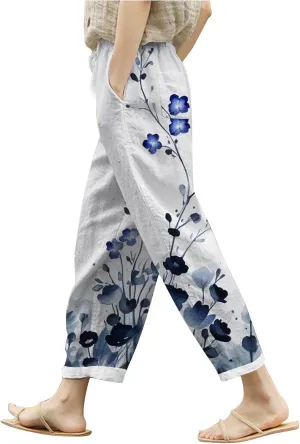 Women's Linen Pants Palazzo Baggy Pants Cotton Boho Casual Gauze Long Pant Wide Leg Lounge Trousers with Pockets