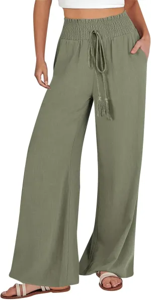 Women's Linen Pants Summer Casual Flowy Palazzo Beach Pants Drawstring High Waisted Wide Leg Trousers Vacation Slacks