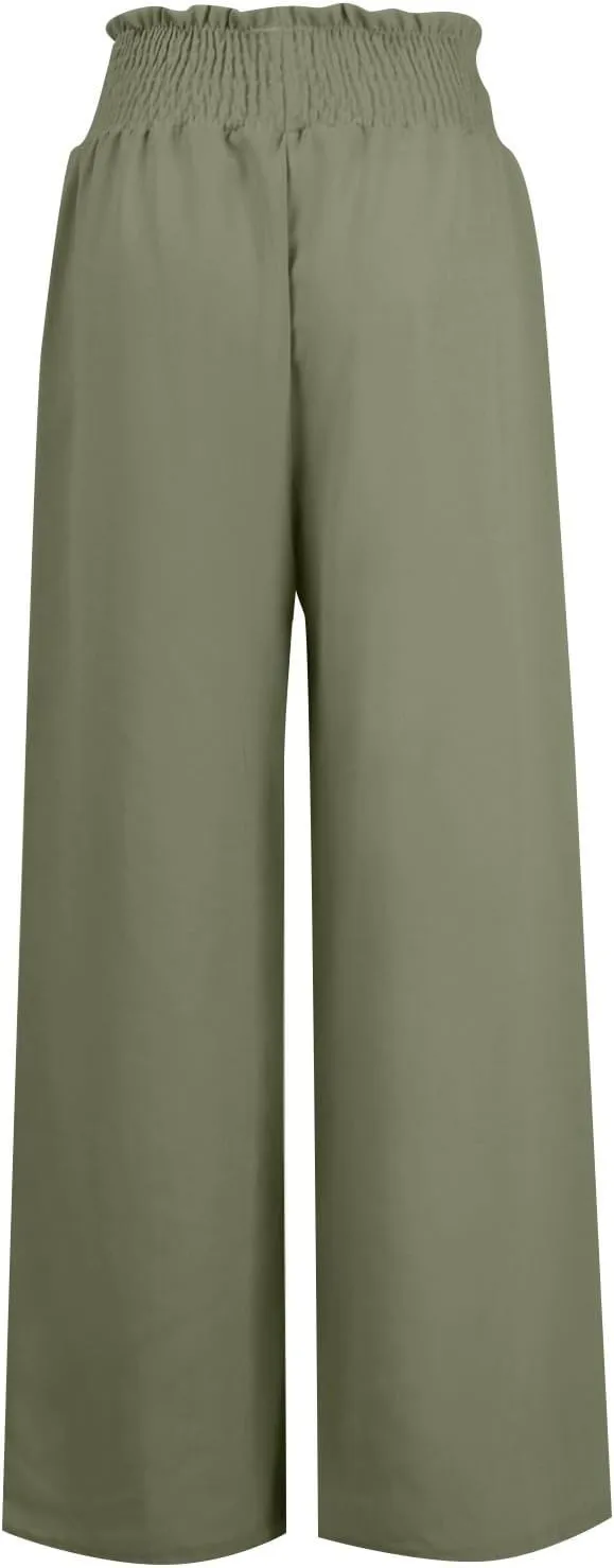 Women's Linen Pants Summer Casual Flowy Palazzo Beach Pants Drawstring High Waisted Wide Leg Trousers Vacation Slacks