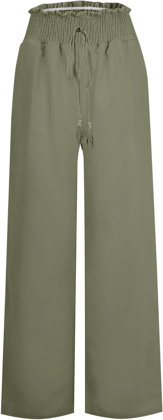Women's Linen Pants Summer Casual Flowy Palazzo Beach Pants Drawstring High Waisted Wide Leg Trousers Vacation Slacks