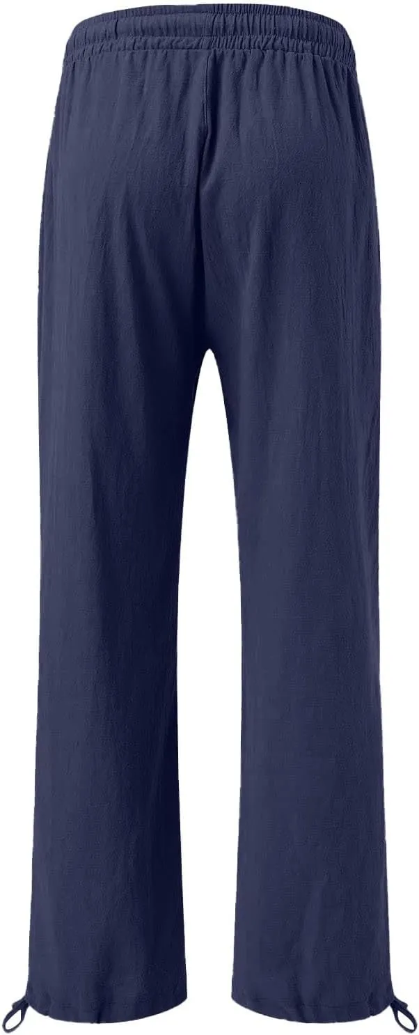 Womens Linen Pants Summer Casual Wide Leg Palazzo Pants Smocked High Waist Flowy Beach Trousers Outfits