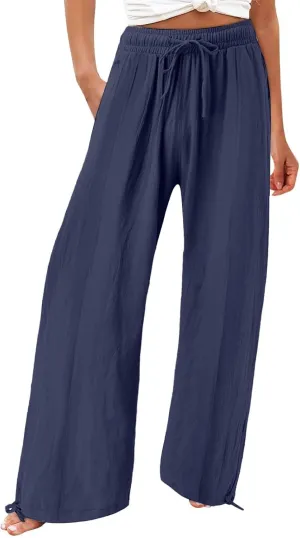 Womens Linen Pants Summer Casual Wide Leg Palazzo Pants Smocked High Waist Flowy Beach Trousers Outfits