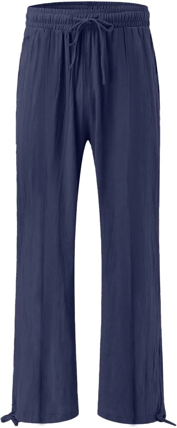 Womens Linen Pants Summer Casual Wide Leg Palazzo Pants Smocked High Waist Flowy Beach Trousers Outfits