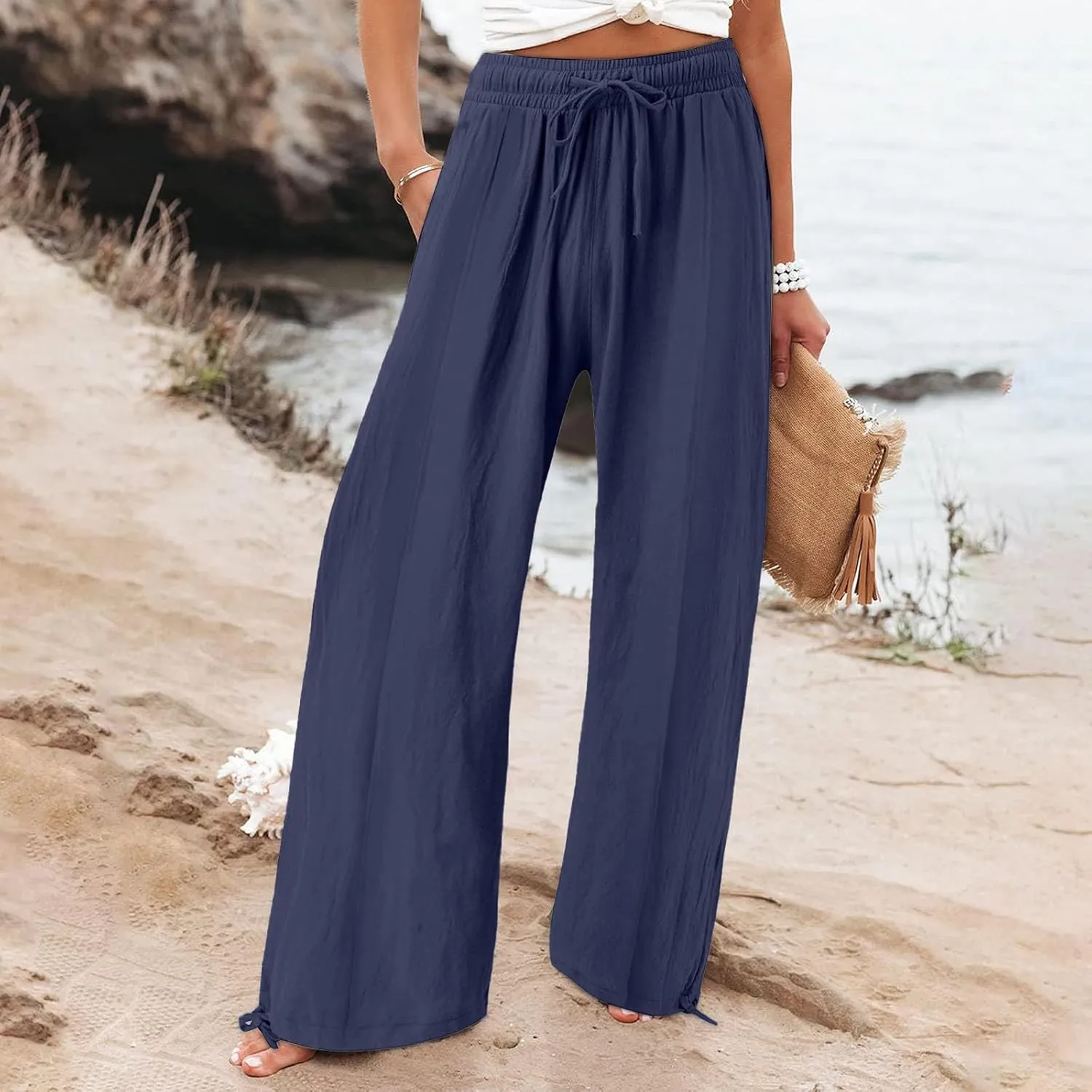 Womens Linen Pants Summer Casual Wide Leg Palazzo Pants Smocked High Waist Flowy Beach Trousers Outfits