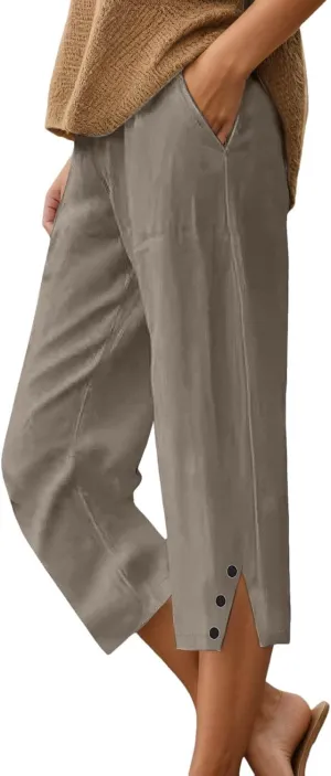Womens Linen Pants Summer Lightweight Loose Casual Beach Pants Baggy Elastic Waisted Yoga Trousers with Pockets