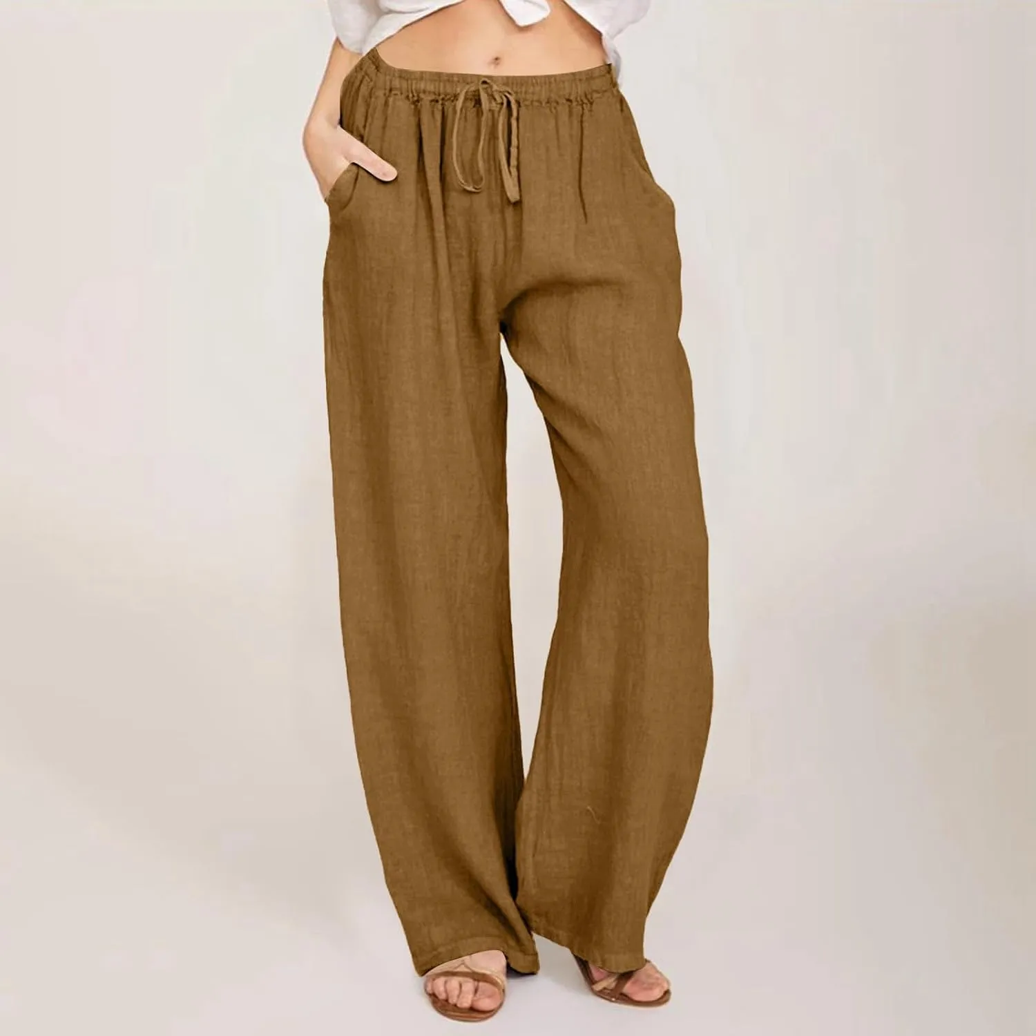 Women's Linen Pants Summer Lightweight Wide Leg Pants Drawstring Trousers Casual Travel Beach Pants with Pockets