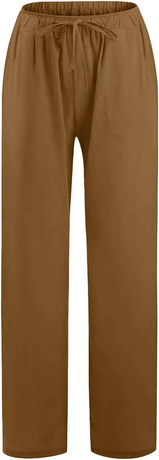 Women's Linen Pants Summer Lightweight Wide Leg Pants Drawstring Trousers Casual Travel Beach Pants with Pockets