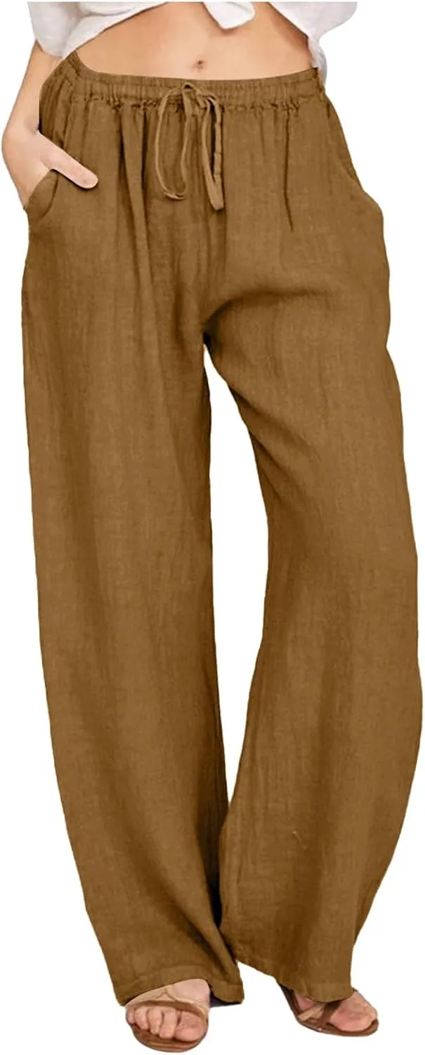 Women's Linen Pants Summer Lightweight Wide Leg Pants Drawstring Trousers Casual Travel Beach Pants with Pockets