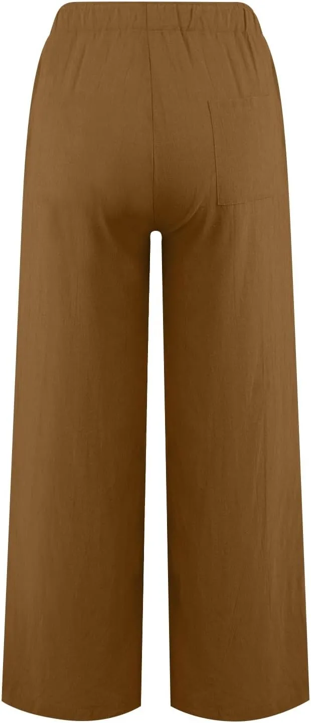 Women's Linen Pants Summer Lightweight Wide Leg Pants Drawstring Trousers Casual Travel Beach Pants with Pockets