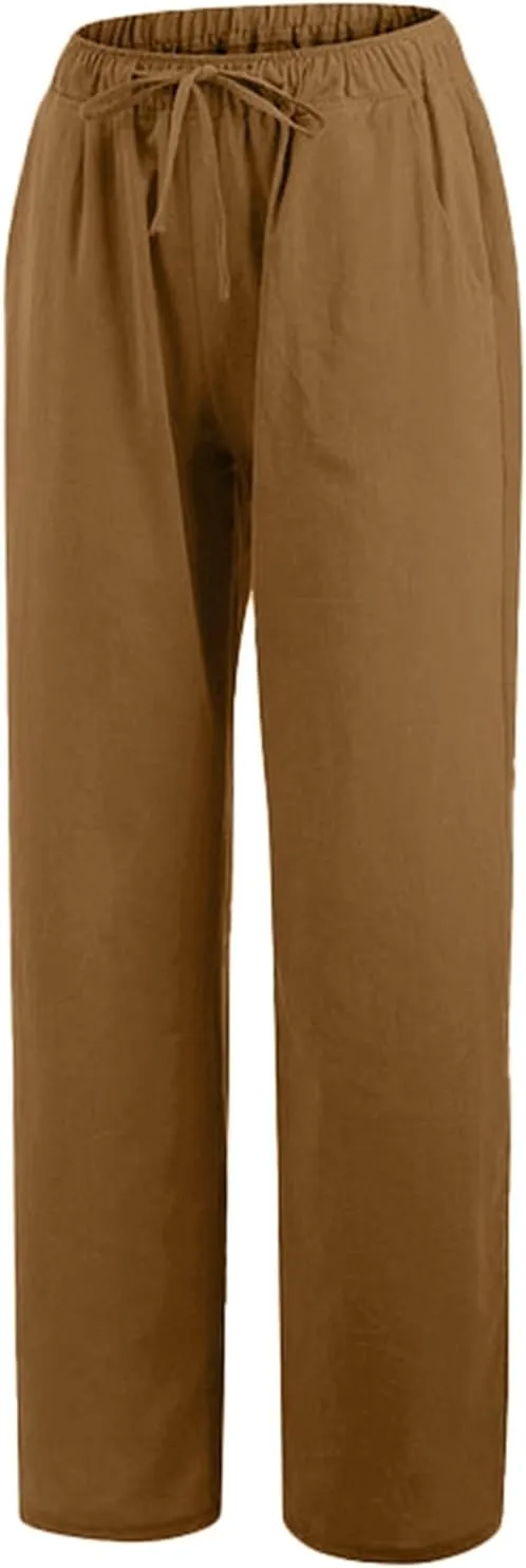 Women's Linen Pants Summer Lightweight Wide Leg Pants Drawstring Trousers Casual Travel Beach Pants with Pockets
