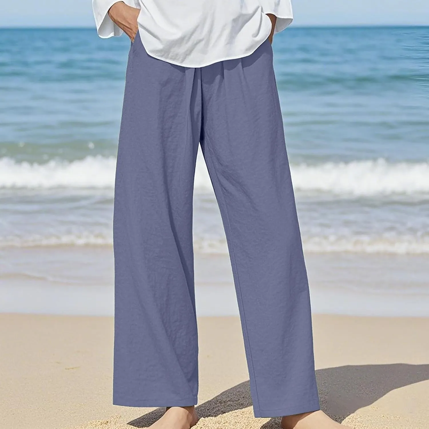 Womens Linen Pants Waist Drawstring Straight Leg Trousers 2025 Summer Loose Fit Comfy Cool Hiking Pants with Pockets