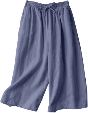 Womens Linen Pants Waist Drawstring Straight Leg Trousers 2025 Summer Loose Fit Comfy Cool Hiking Pants with Pockets