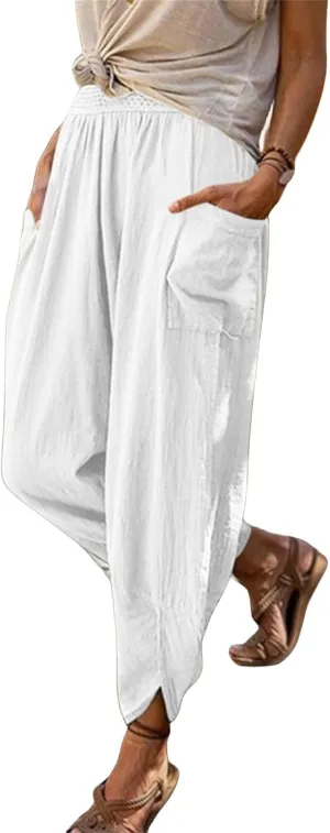Womens Linen Pants with Pockets Straight Leg Elastic Waist Casual Pants Summer Loose Capris Beach Vacation Trousers