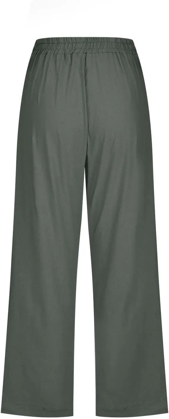 Womens Linen Pants,Summer Capri Pants High Waisted Wide Leg Drawstring Solid Casual Loose Trousers with Pockets
