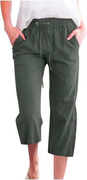 Womens Linen Pants,Summer Capri Pants High Waisted Wide Leg Drawstring Solid Casual Loose Trousers with Pockets