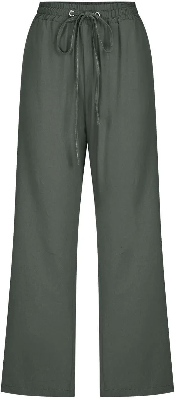 Womens Linen Pants,Summer Capri Pants High Waisted Wide Leg Drawstring Solid Casual Loose Trousers with Pockets