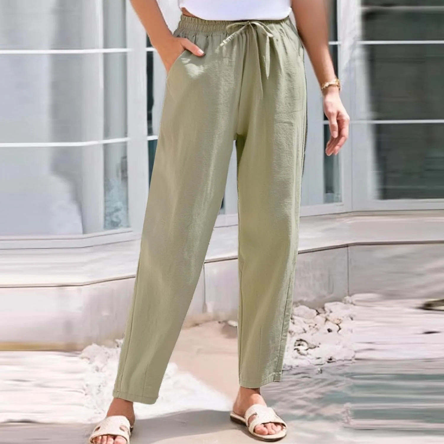 Women's Linen Straight Leg Pants Cotton Elastic Drawstring Casual Trousers with Pockets Summer Beach Lounge Pants
