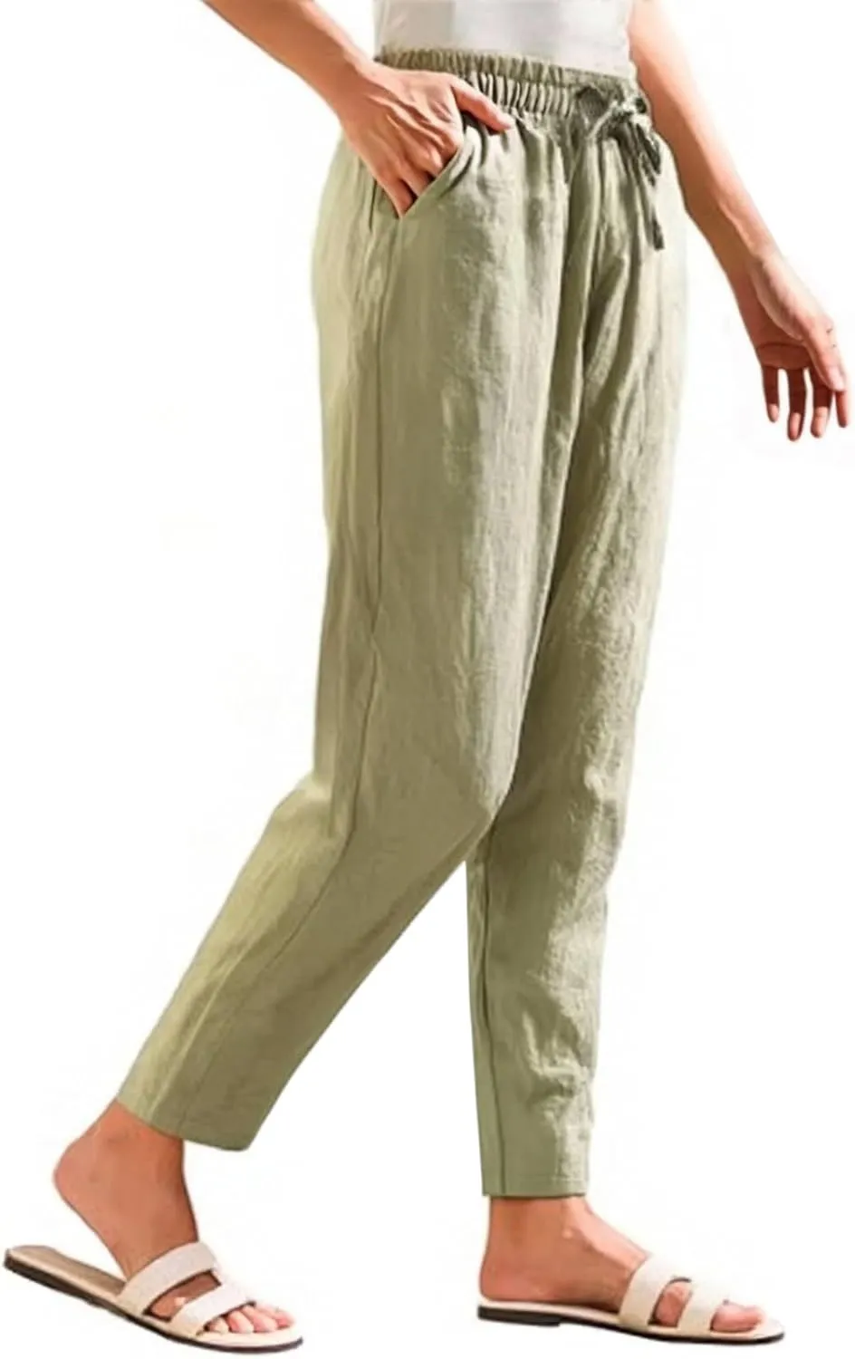 Women's Linen Straight Leg Pants Cotton Elastic Drawstring Casual Trousers with Pockets Summer Beach Lounge Pants