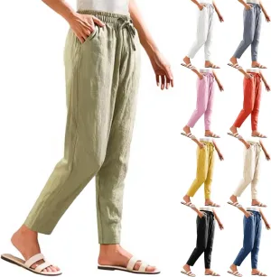 Women's Linen Straight Leg Pants Cotton Elastic Drawstring Casual Trousers with Pockets Summer Beach Lounge Pants