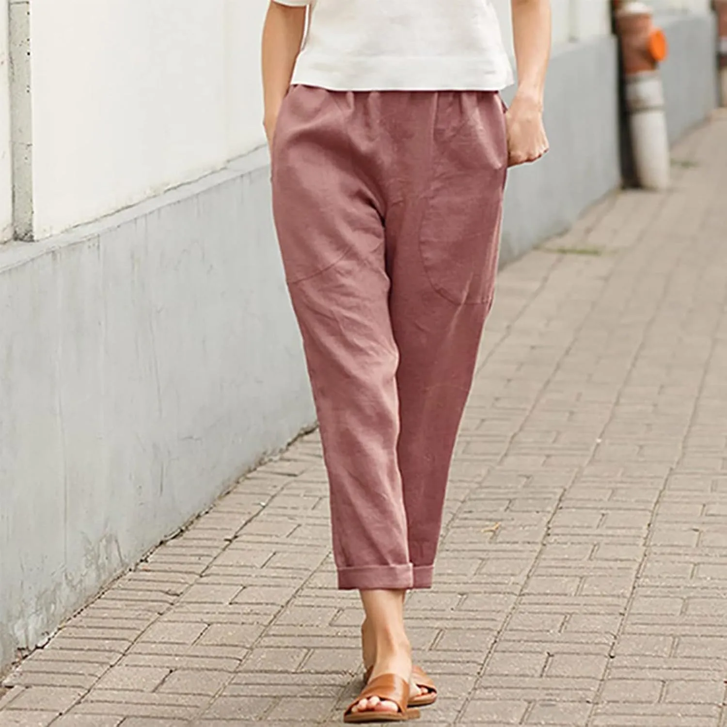 Women's Linen Summer Baggy Pant Trousers Elastic Waisted Wide Leg Loose Fit Trousers Vacation