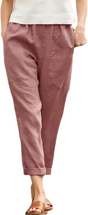 Women's Linen Summer Baggy Pant Trousers Elastic Waisted Wide Leg Loose Fit Trousers Vacation