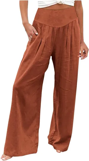 Womens Linen Summer Baggy Pants Low Waist Wide Leg Slim Fit Trousers Office