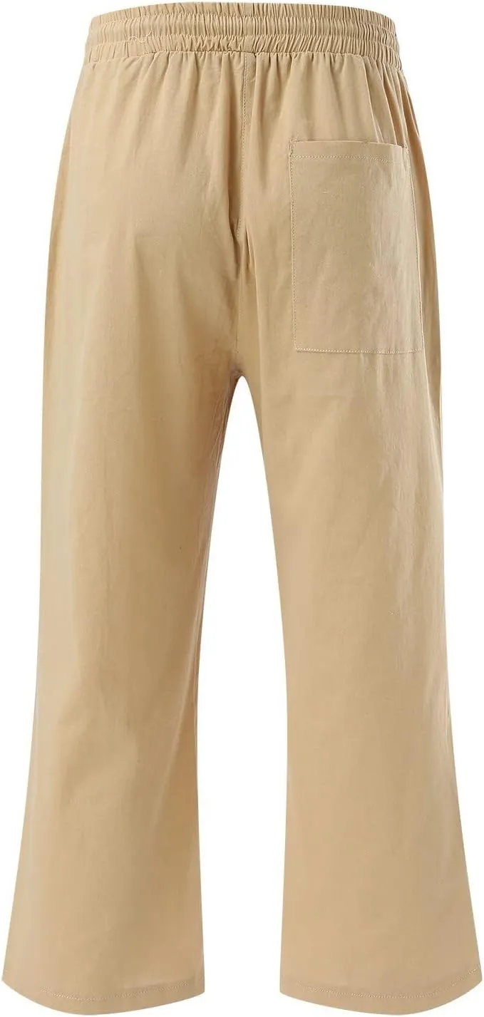 Womens Linen Summer Boho Pant Trousers Elastic Waist Ankle Length Loose Fit Palazzo Lounge Pants Trendy