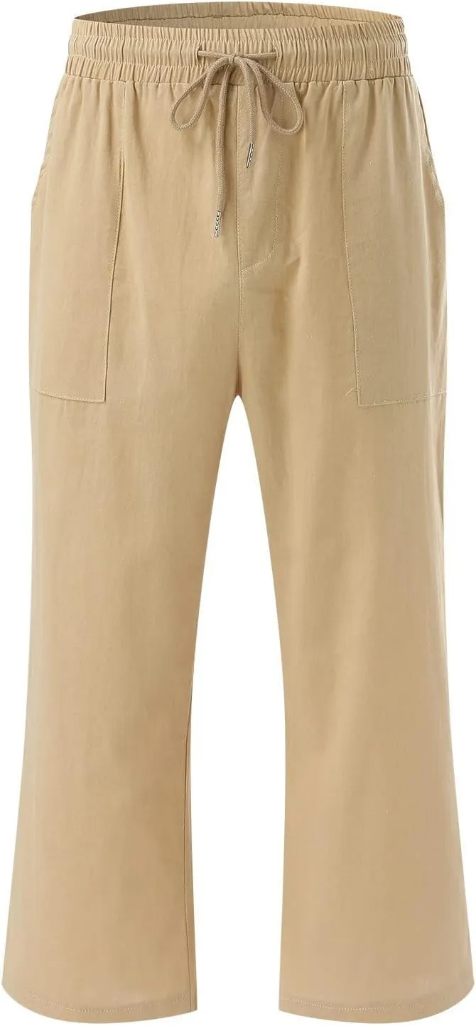 Womens Linen Summer Boho Pant Trousers Elastic Waist Ankle Length Loose Fit Palazzo Lounge Pants Trendy