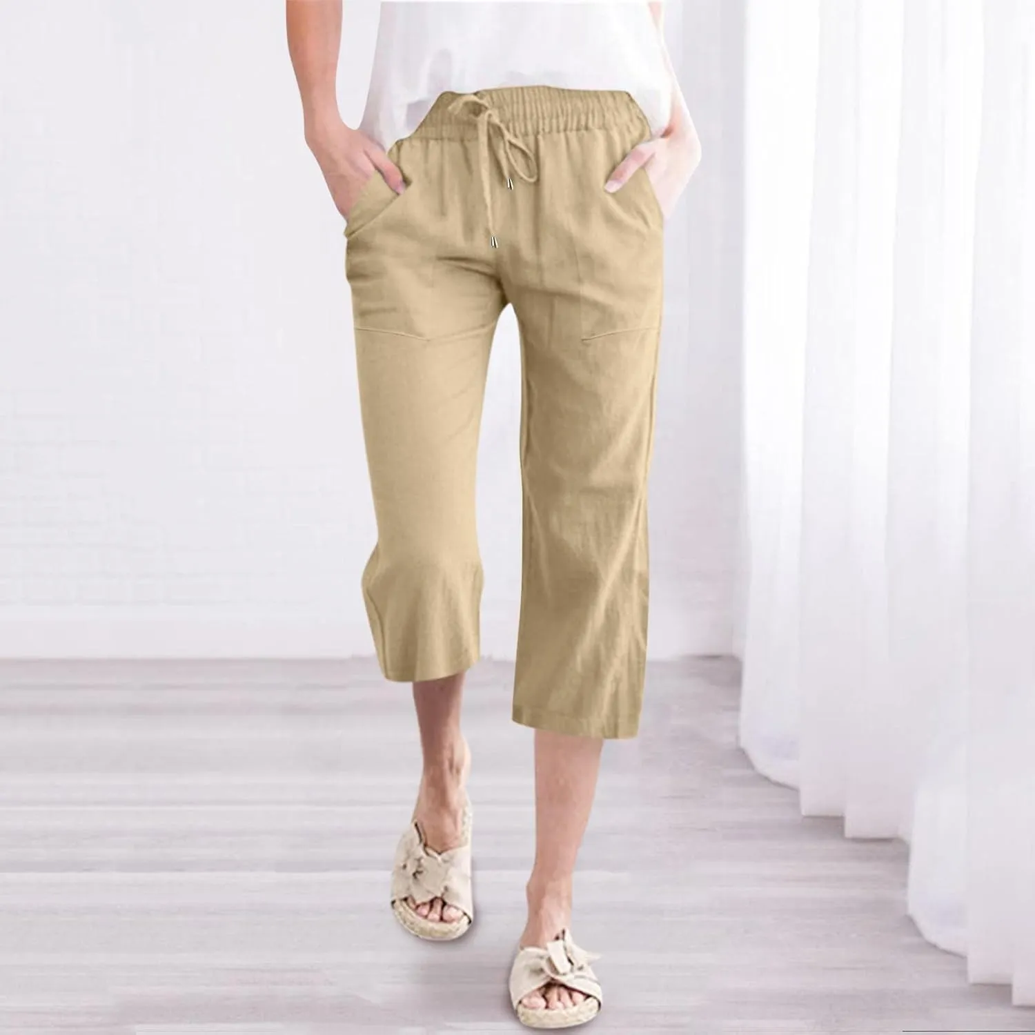 Womens Linen Summer Boho Pant Trousers Elastic Waist Ankle Length Loose Fit Palazzo Lounge Pants Trendy