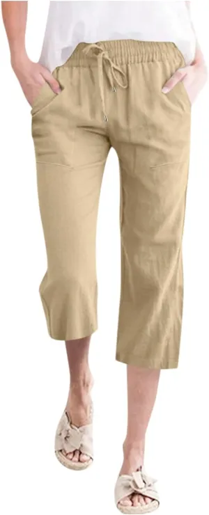 Womens Linen Summer Boho Pant Trousers Elastic Waist Ankle Length Loose Fit Palazzo Lounge Pants Trendy