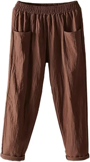 Womens Linen Summer Boho Pant Trousers Elastic Waist Ankle Length Loose Fit Palazzo Lounge Pants Trendy