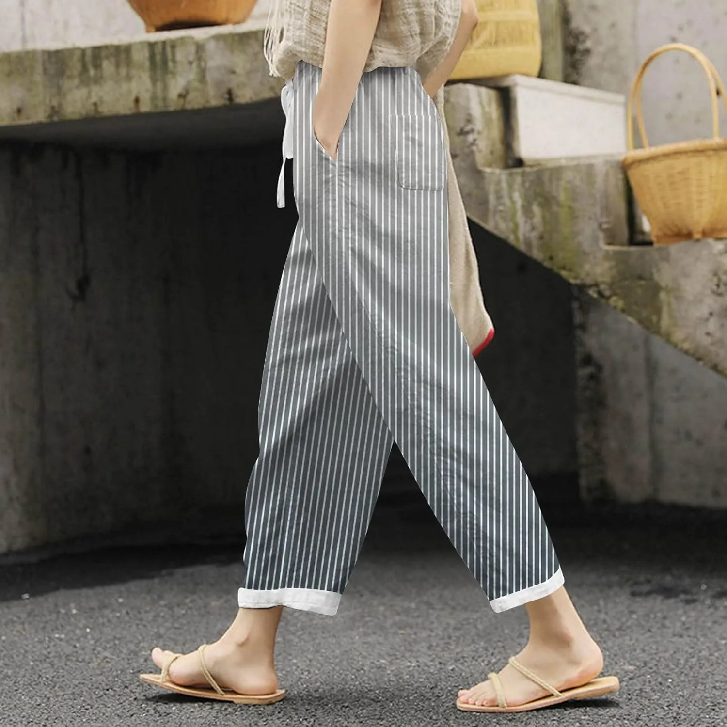 Women's Linen Summer Casual Pant Trousers Elastic Waisted Stretchy Straight Slim Fit Pants Work Business