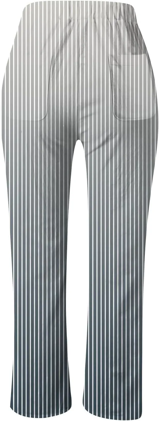 Women's Linen Summer Casual Pant Trousers Elastic Waisted Stretchy Straight Slim Fit Pants Work Business