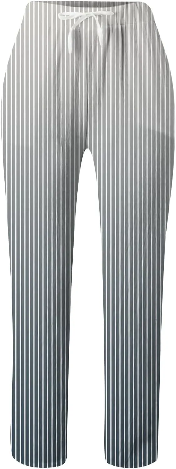 Women's Linen Summer Casual Pant Trousers Elastic Waisted Stretchy Straight Slim Fit Pants Work Business