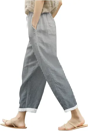 Women's Linen Summer Casual Pant Trousers Elastic Waisted Stretchy Straight Slim Fit Pants Work Business