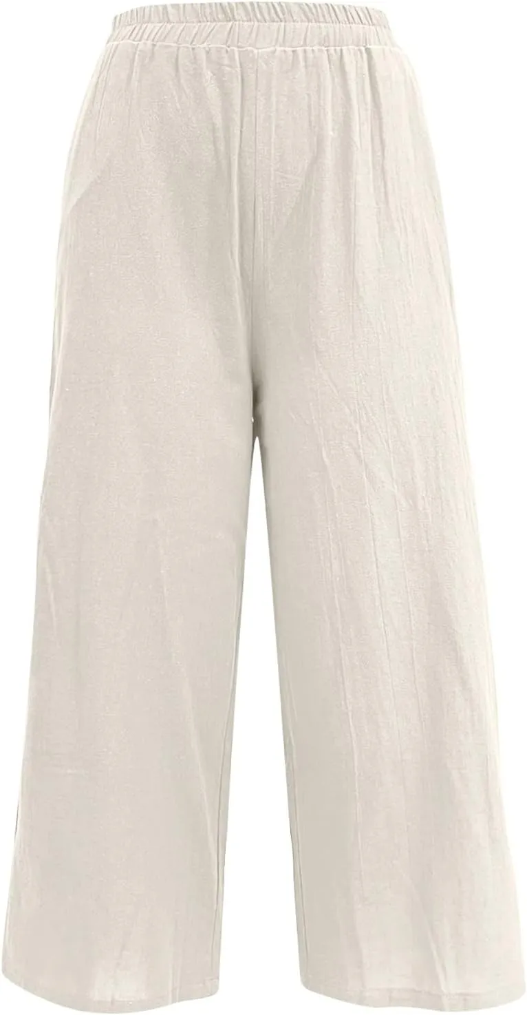 Womens Linen Summer Cropped Palazzo Pants Elastic Waist Lounge Pants Plus Size Pant Trousers Business Work