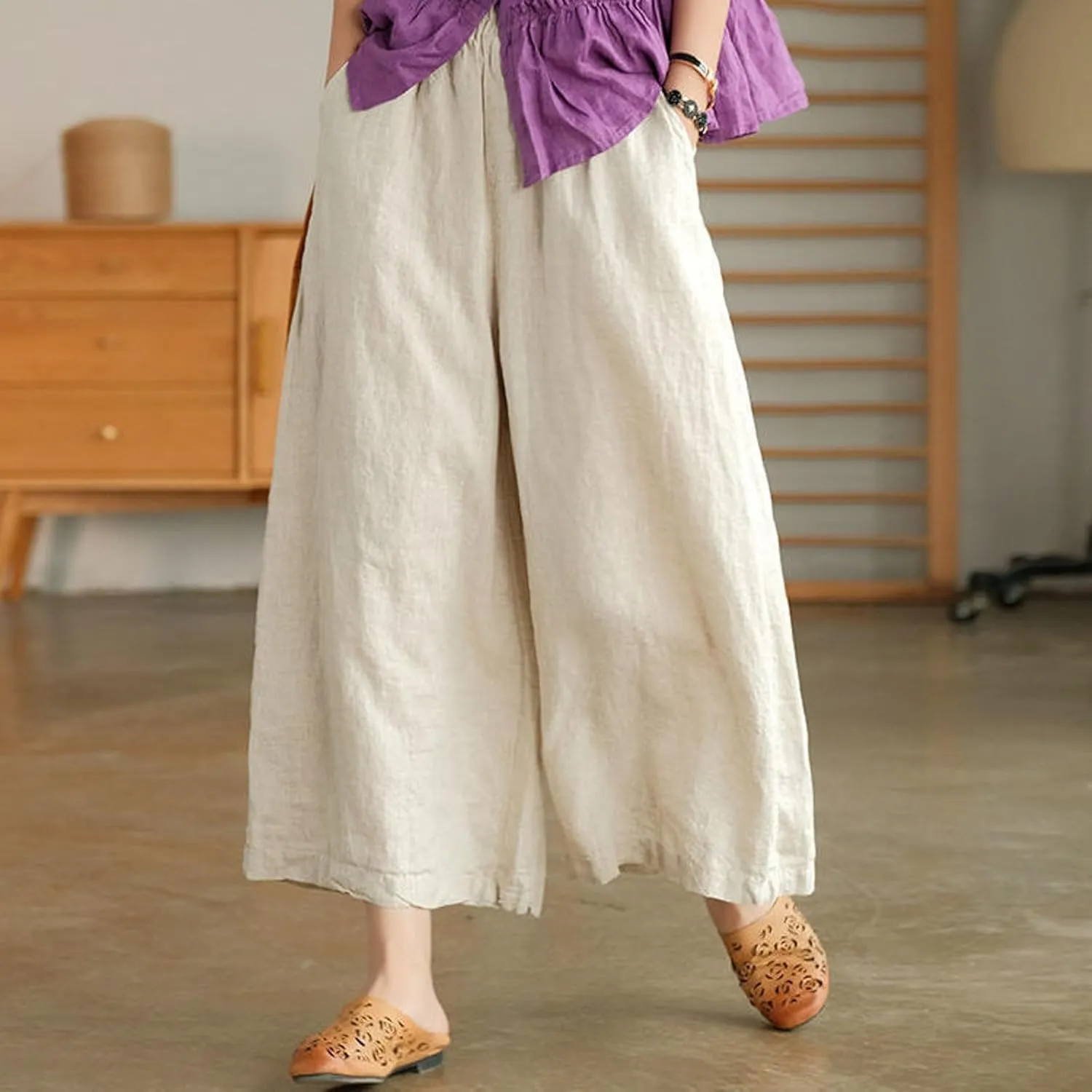 Womens Linen Summer Cropped Palazzo Pants Elastic Waist Lounge Pants Plus Size Pant Trousers Business Work