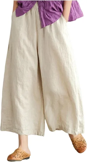 Womens Linen Summer Cropped Palazzo Pants Elastic Waist Lounge Pants Plus Size Pant Trousers Business Work