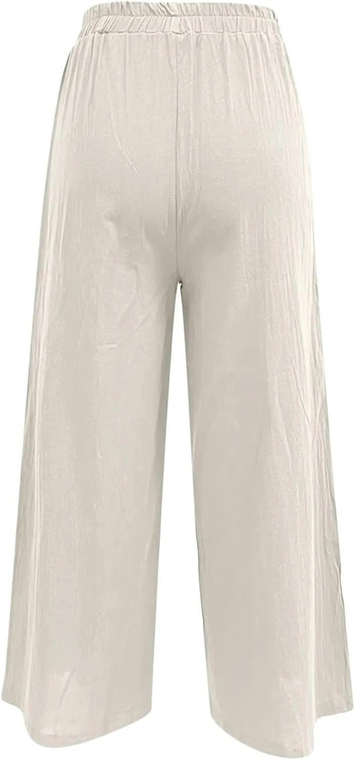 Womens Linen Summer Cropped Palazzo Pants Elastic Waist Lounge Pants Plus Size Pant Trousers Business Work