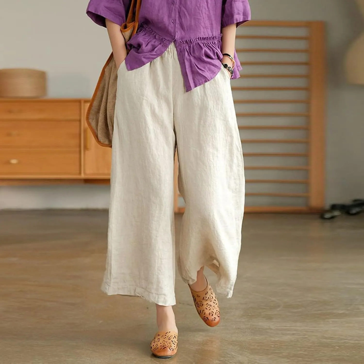 Womens Linen Summer Cropped Palazzo Pants Elastic Waist Lounge Pants Plus Size Pant Trousers Business Work