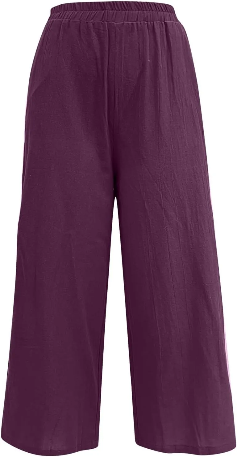 Womens Linen Summer Drawstring Pant Trousers Low Waist Bootcut Slim-Fit Palazzo Pants Trendy