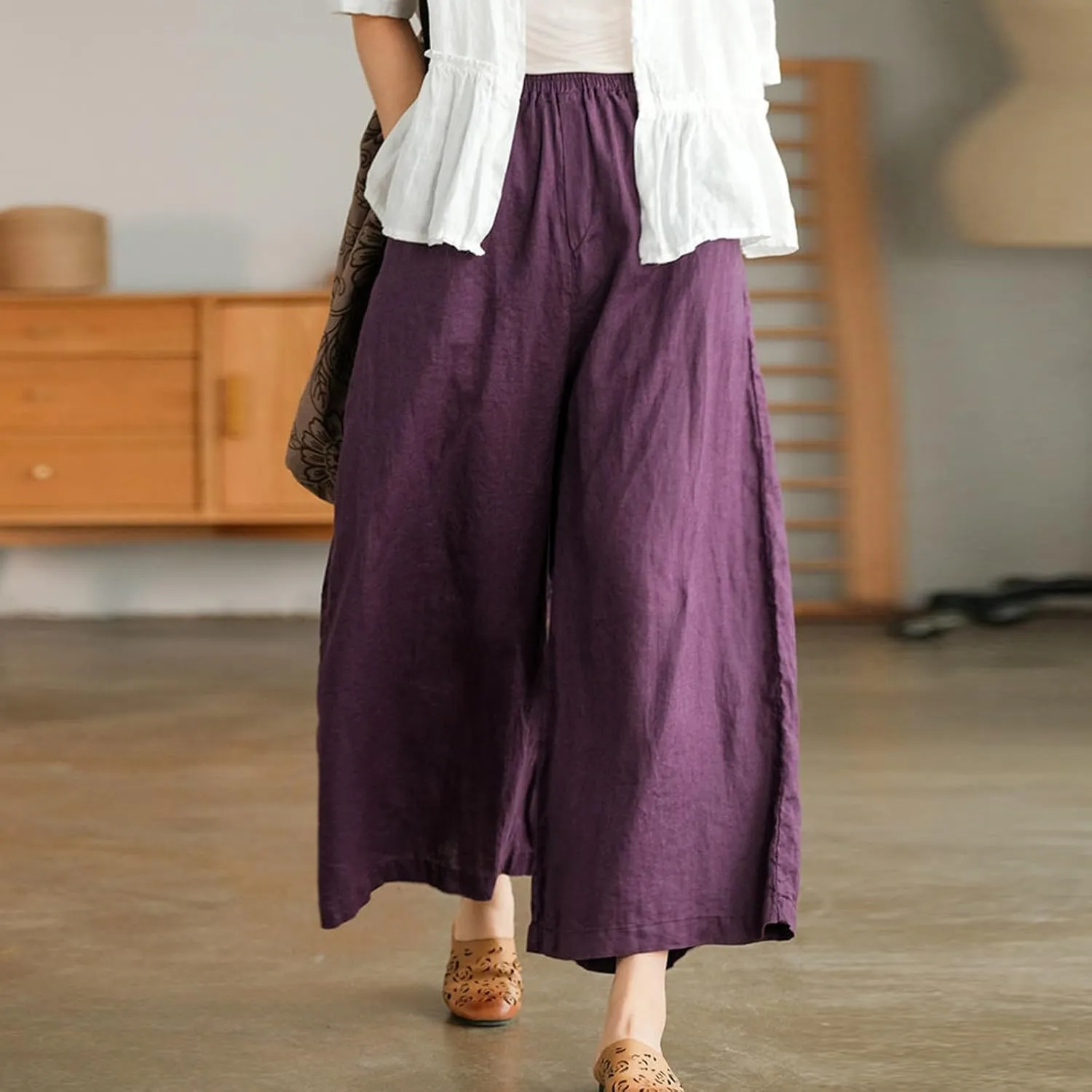 Womens Linen Summer Drawstring Pant Trousers Low Waist Bootcut Slim-Fit Palazzo Pants Trendy